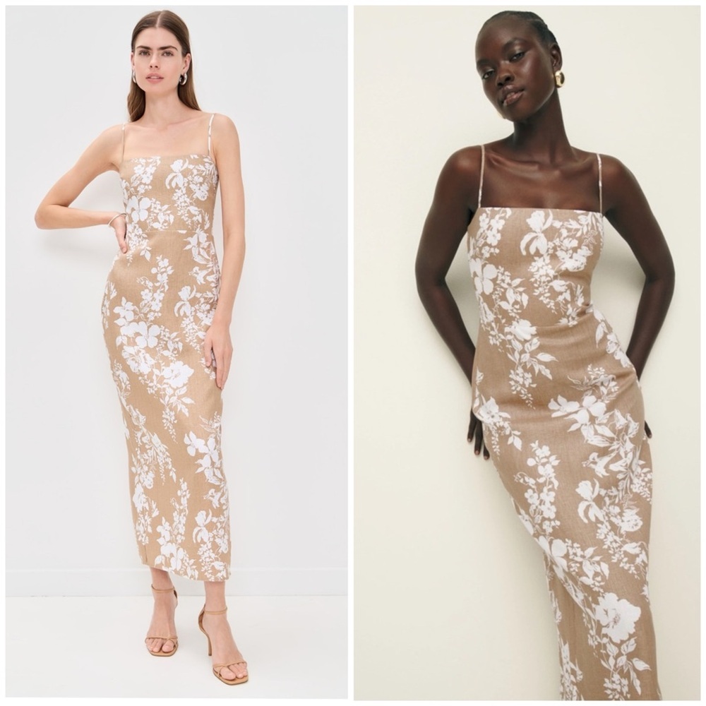NWOT REFORMATION Frankie Floral Midi Linen Dress in Dune SZ US 2 - Picture 2 of 9